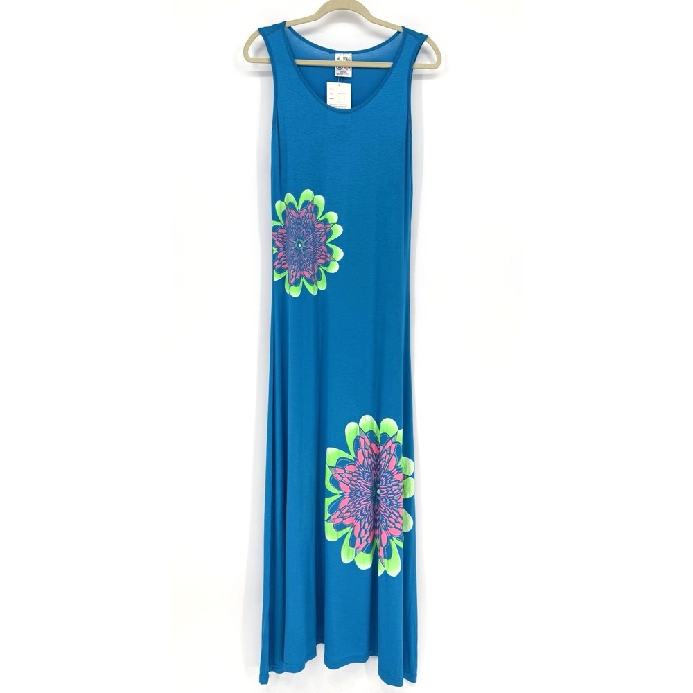 Teal Floral Maxi Dress Sleeveless Graphic Flower Print‎ One Size Silky Stretchy